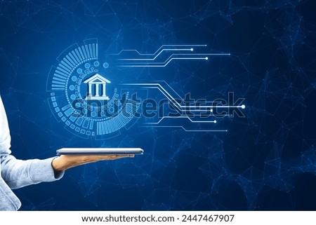 Female hand holding tablet with creative polygonal circuit banking hologram on blurry background. Digital transformation and online bank concept