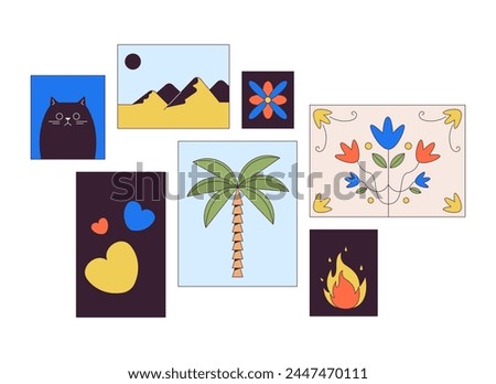 Decorative paintings hanging 2D linear cartoon objects set. Artworks for home decor isolated line vector elements white background. Pictures in interior design color flat spot illustration collection