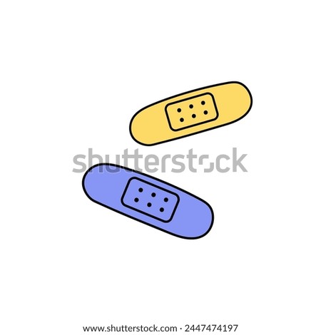 Kids' plasters. Colored bandages. Colourful patch. Sticky tapes for first aid. Cute medical strips for children. Symbol of treatment, recovery. Flat isolated vector illustration on white background