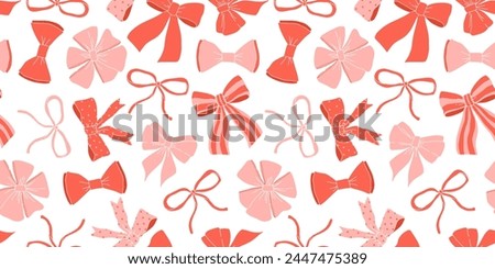 Various pink and red Bow knots, tie ups, gift bows. Hand drawn trendy Vector illustration. Wedding celebration, holiday, party decoration, gift, present concept. seamless Pattern on white background