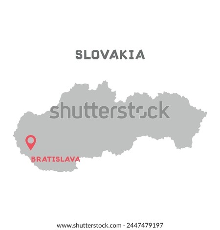 Slovakia vector map illustration, country map silhouette with mark the capital city of Slovakia inside. Map of Slovakia vector drawing. Filled version illustration isolated on white background.