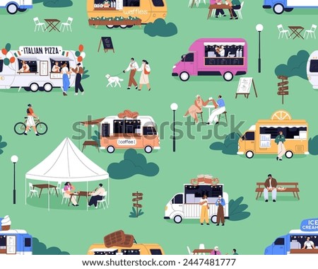 Outdoor festival with street food trucks, seamless pattern. Summer holiday, cafe vans in park, endless background design with tiny people and caravans. Flat vector illustration for fabric, wallpaper