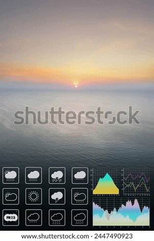 Panoramic view of beautiful summer sunrise over peaceful ocean with graph and chart weather symbol for meteorology presentation and holiday travel background. 
 Royalty-Free Stock Photo #2447490923