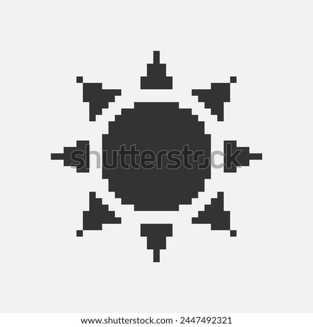 black and white simple flat 1bit vector pixel art icon of retro cartoon sun. sunlight sign