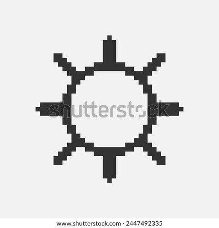 black and white simple flat 1bit vector pixel art icon of retro cartoon sun. sunlight sign
