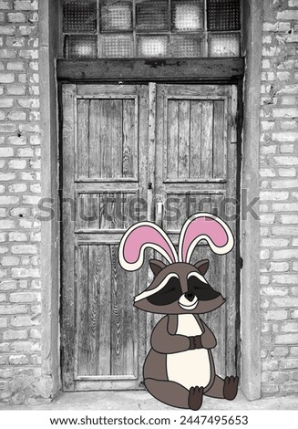 Easter Raccoon Bunny against Rustic Old Door background. Trendy Collage black and white photo and Racoon illustration. Creative art can used social media poster banner card cover. 