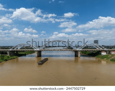 Aerial view of Dong Tru bridge crossing Red River in Hanoi