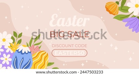 Easter sale horizontal background template for promotion. Design with painted eggs in left corner and flowers in right Royalty-Free Stock Photo #2447503233