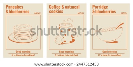 A set of posters with food: pancakes, coffee with oatmeal cookies, porridge with blueberries. Monochrome palette. A delicious and healthy breakfast. Vector illustration.