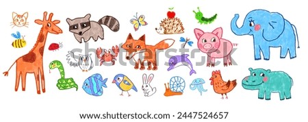 Felt pen vector colorful child drawings illustrations collection of cute animals 