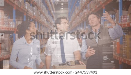 Image of data processing over men and woman working in warehouse. global shipping, delivery and data processing concept digitally generated image.