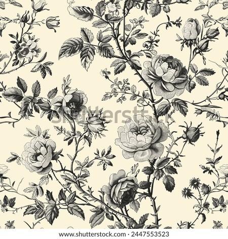 Rose, Bushes. Hand Drawn Pattern With Vintage Kitchen Toile de Jouy.
Featuring delicate florals, wildflowers, and romantic motifs of cozy kitchen. This seamless pattern is crafted to perfection.