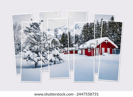 Isolated eight frames collage of picture of traditional Norwegian red wooden houses under the fresh snow. Winter on Lofoten islands, Vestvagoy, Norway. Mock-up of modular photo.
