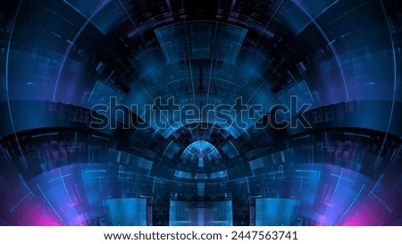 Glowing cyber sphere at the center of a virtual reality space, suggestive of advanced technology and data networks. 3d render