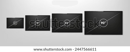 TV Screen Sizes. Smart TV icon collection. Diagonal screen size in 65, 75, 85 and 90 inches. Computer monitor. Vector illustration. Royalty-Free Stock Photo #2447566611