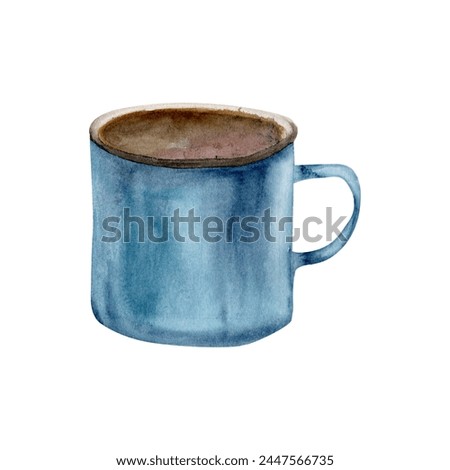 Cup with coffee watercolor illustration. Hand drawn clip art with blue vintage metal mug , camping glass for cacao . Cozy autumn painting for thanksgiving card, invitation design.