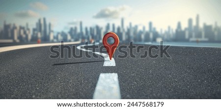 Close-up of a red map pin on the modern road leading to modern big city. 3D Illustration.