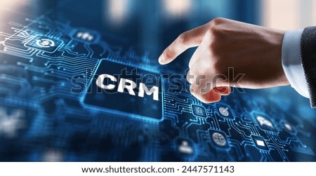 CRM Customer Relationship Management. Businessman clicks. Business Internet Technology Concept