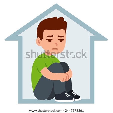 Teenage boy sitting alone at home, hugging knees. Depression, loneliness, social anxiety. Simple flat cartoon drawing. Mental health vector clip art illustration.