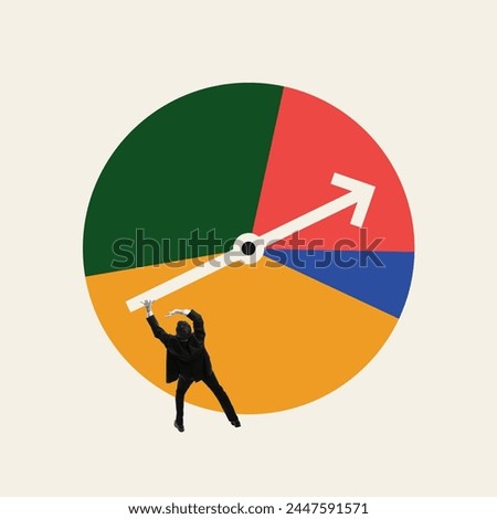 Visual metaphor for business efficiency and optimization. Man and clocks hand showing time management in work. Contemporary art collage. Concept of business, tasks, strategy, analytics