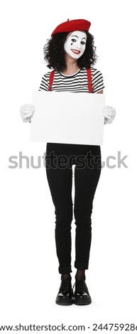 Funny mime with blank sign posing on white background