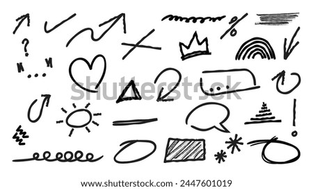 Set of cute pen line doodle element vector. Hand drawn doodle style collection of scribble, speech bubble, arrow, heart, crown. Design for print, cartoon, card, decoration, sticker.