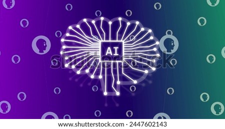 Image of ai icon and data processing on purple background. Global artificial intelligence, digital interface and data processing concept digitally generated image.