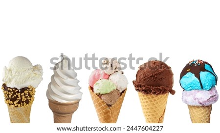 Ice cream cones on white background with copy space for text or image.
