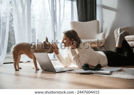Cute pug is looking at his owner. Young woman with laptop at home.