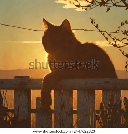 cat sitting on a wooden fence sleeping and the sun rising behind him