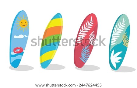 Surfboard vector set in tropical design. Surfing board or surfboard clip art. Hello summer concept. Summer element. Cartoon flat vector isolated on white background.