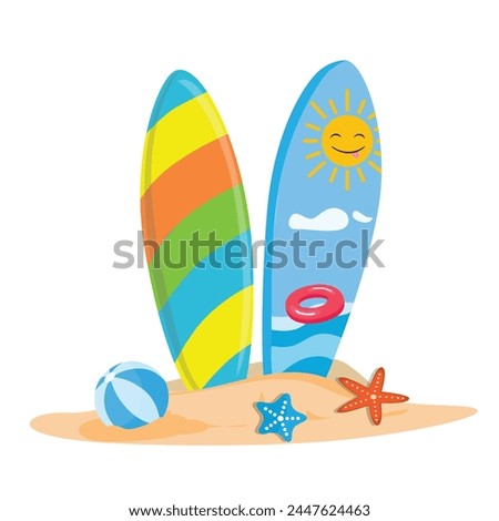 Surfboard vector set in tropical design. Surfing board or surfboard clip art. Hello summer concept. Summer element. Cartoon flat vector isolated on white background.