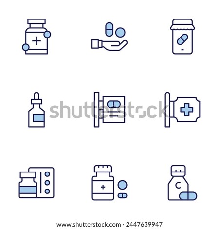 Pharmacy icon set. Duo tone icon collection. Editable stroke, pills, pharmacy, online pharmacy, vitamin c, dropper, antidepressant.