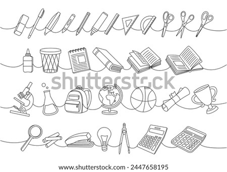 School supplies collection one line continuous drawing. Pencil, paper clip, eraser, diploma, trophy, schoolbag, globe, scissors, ruler, calculator
