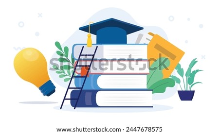 School and education illustration - Decorative vector objects, books, graduation college hat and light bulbs on floor. Studying concept in flat design with white background