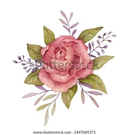 Pink Watercolor Flower Clip Art. DIY Blush Flower with Green Leaves. Floral Elements for Invitations, Postcards, Greetings, Anniversary