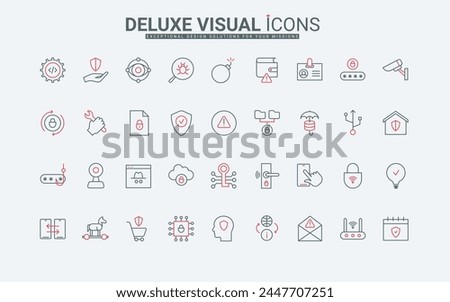 Cyber security thin black and red line icons set vector illustration. Outline cybersecurity symbols, protection of server or phone from fraud and phishing, viruses attack and spam, data safety