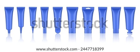 Set of blue cosmetic tubes. Closed blank tubes with caps. Realistic mockup. Long nozzle tube. for ointment or salve. Gel serum. Korean packaging. Lip gloss. Toothpaste. Hand cream