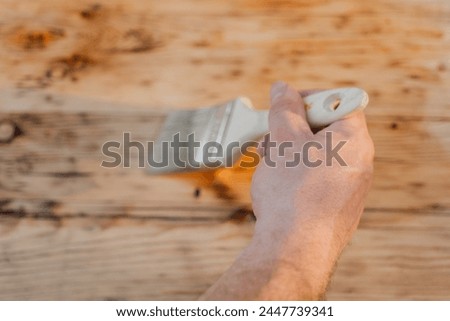  hand paints wooden boards with oil.Oil and varnish for wood. Impregnation of a wood with protective oil. Impregnation of wood with oil.Protecting the wooden surface from damage. Royalty-Free Stock Photo #2447739341