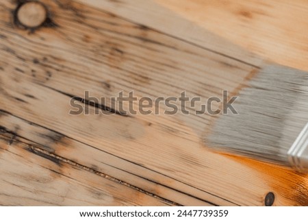 Oil and varnish for wood. Impregnation of a wood with protective oil. Impregnation of wood with oil.Protecting the wooden surface from damage. Royalty-Free Stock Photo #2447739359