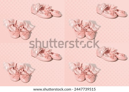 pattern of little girl's pink sparkly make belief princess shoes, bows and glitter for little princess on light background, happy childhood, Stylish pink outfit for party
