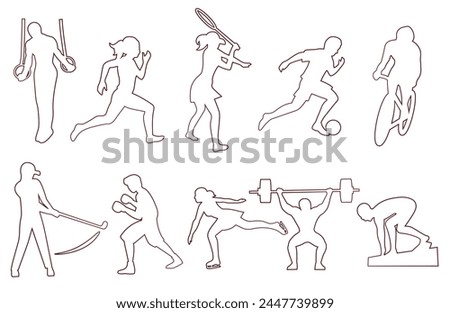 Set of different sports icons. Vector outline illustration. 
