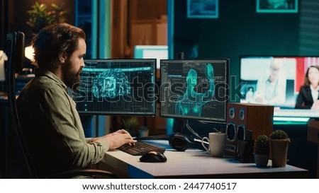Hacker uploading evolved sentient AI to disk, planning to use it for evil mastermind plan. Rogue programmer putting malware infected artificial intelligence bot in cartridge, camera A