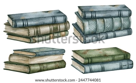 Watercolor book illustration set,  vintage books clipart collection isolated on white background, Academia illustration.Antique literature.Library clip art.Bouquinistes, librarian