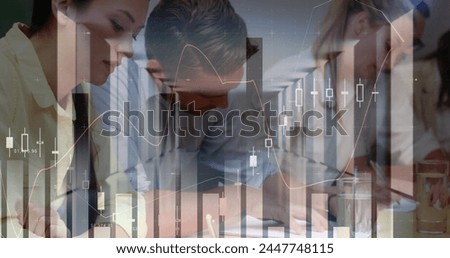 Image of financial data processing over businesses people. global business, finances, data processing and digital interface concept digitally generated image.