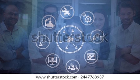 Image of network of icons spinning over business people smiling in office. global business and finances and networking concept digitally generated image.