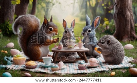 Amidst the forest setting, a squirrel, a rabbit, and a hedgehog gather around a picnic spread filled with Easter delights, joining in a fanciful tea party complete with miniature teacups and pastel cu