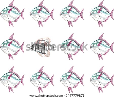 Vector sketch illustration design background art image of sea fish lined up neatly with smugglers