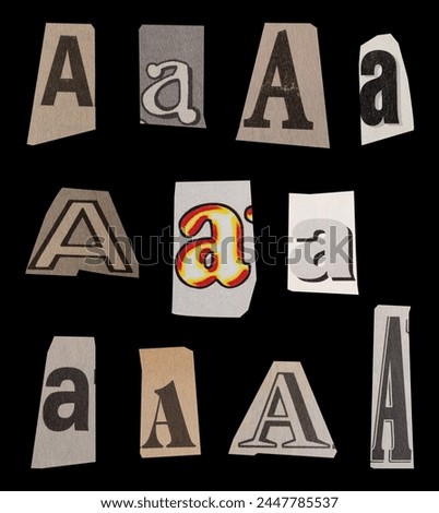 Ransom font type A from printout magazine cutout, collage element for graphic design, png isolated on black background