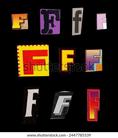 Ransom font type F from printout magazine cutout, collage element for graphic design, png isolated on black background